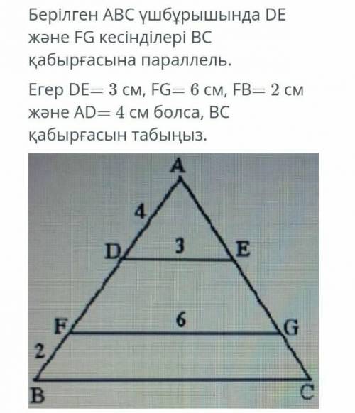 В данном треугольнике ABC отрезки DE и FG параллельны стене BC. Если DE = 3 см, FG = 6 см, FB = 2 см