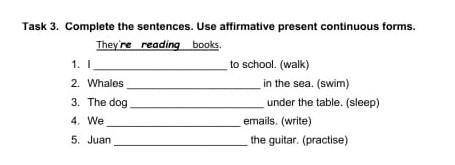 Complete the sentences.Use affirmative present continuons forms.​