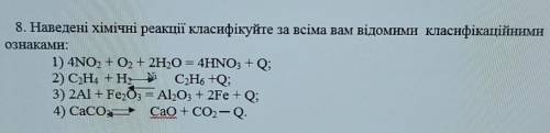 8. Наведені хімічні реакції класифікуйте за всіма вам відомими класифікаційними ознаками:1) 4NO2 + O