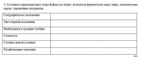 Составьте характеристику озера Байкал по плану, используя физическую карту мира, тематические карты,