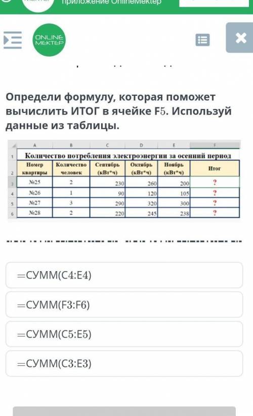 Определи формулу которая вычислить ИТОГ в ячейке F5.Используя данные таблицы