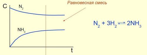 На рисунке представлено изменение концентраций азота и аммиака в ходе реакции синтеза аммиака. Найди