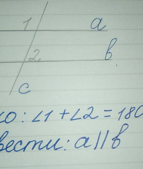 Дано: кут 1+ кут 2 = 180 градусів Довести : що прямі паралельні Будь ласка❤❤​