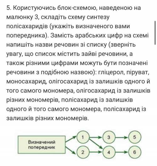 5. Користуючись блок-схемою, наведеною на малюнку 3, складіть схему синтезу полісахаридів (укажіть в