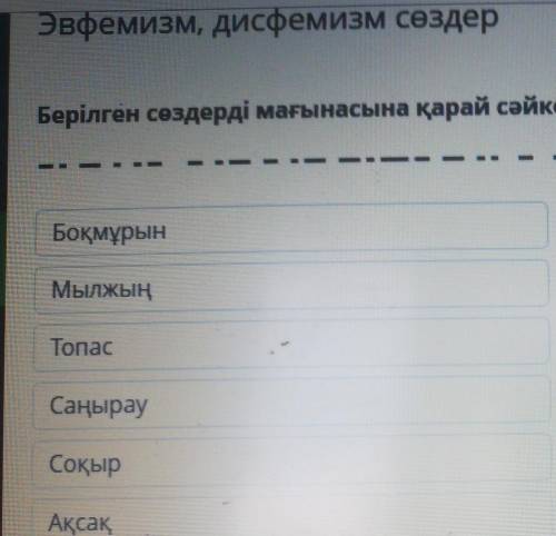 Берилген сөздерді мағынасына қарай сәйкестендір. Боқмұрын, мылжын, топас, соқыр, саңырау,ақсақ, жынд