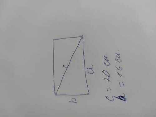 діагональ прямокутника довжиною c=20 см, а одна з його сторін b=16. обчислити площу та периметр цьог