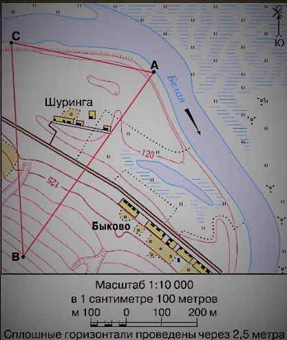 Какая из точек на топографическом плане расположена выше остальных? Картинка прикреплена ниже:
