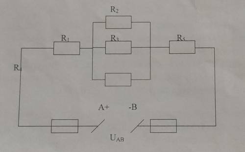 Дано: R1=2 Ом R2=20 Ом R3=5 Ом R4= 12 Ом R эквивалентное=8 Ом I=4 А Найти: 1)R52)Напряжение на каждо