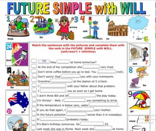 FUTURE SIMPLE with WILL Match the sentences with the pictures and complete them with the verb in the