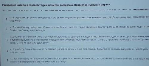 Расположи цитаты в соответствии с сюжетом рассказа А. Новосёлов «Санькин марал». (в онлайн мектепе)м