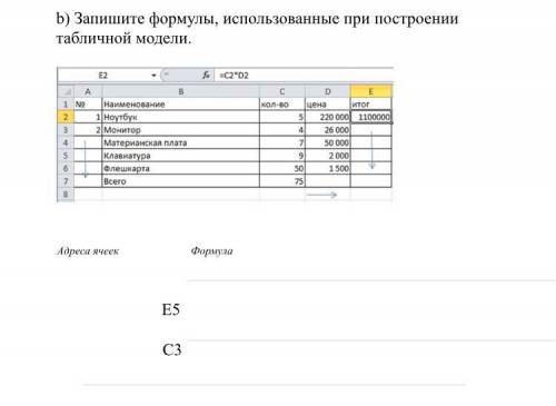 B) Запишите формулы, использованные при построении табличной модели.