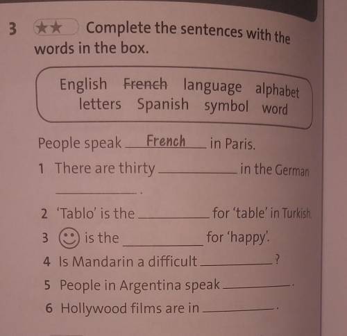 English French language alphabet 3 *Complete the sentences with thewords in the box.letters Spanish