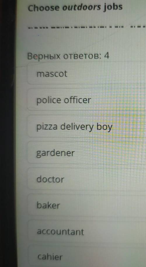 Choose outdoors jobs Верных ответов: 4mascotpolice officerpizza delivery boygardenerdoctorbakeraccou