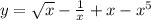 y = \sqrt{x} - \frac{1}{x} + x - x^{5}