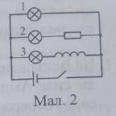 У якій лампочці малюнок 2 Після замикання ключа сила струму не пізніше досягне свого максимального з
