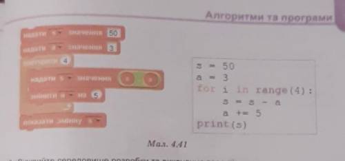 1. Складіть у зошиті блок-схему алгоритму для наведеного фрагмента проекту (мал. 4.41) і запишіть хі