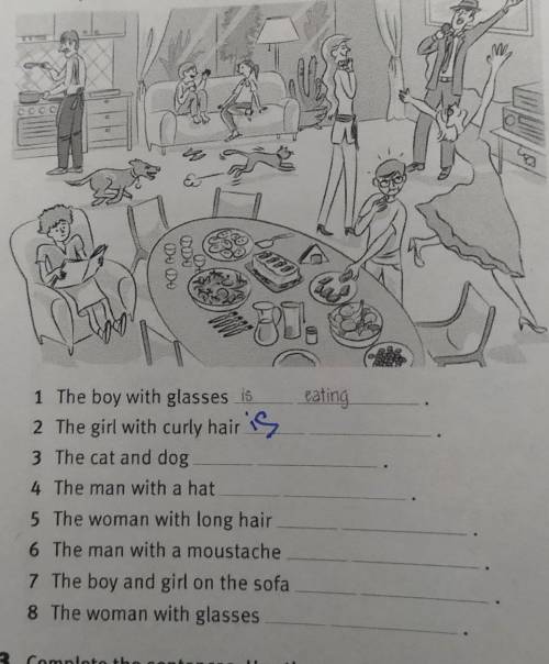 1 The boy with glasses is 2 The girl with curly hair is3 The cat and dog4 The man with a hat5 The wo