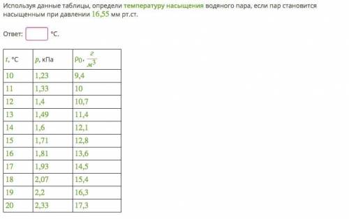 Используя данные таблицы, определи температуру насыщения водяного пара, если пар становится насыщенн
