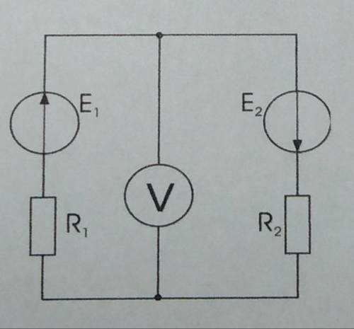 Визначити показання вольтметра, опір якого значно перевищує величини опорів R1 і R2, якщо E1 = 40 В,