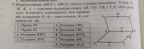 паралелограми ABCD i ABC1D1 лежать у різних площинах. точки N,M,K,L - середини відповідно сторін AB,