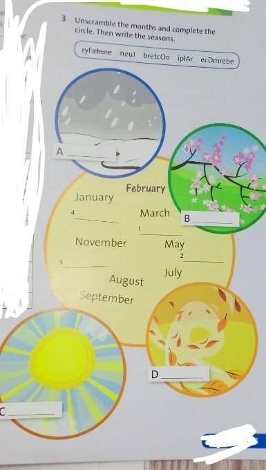 3 Unscramble the months and complete thecircle. Then write the seasons.