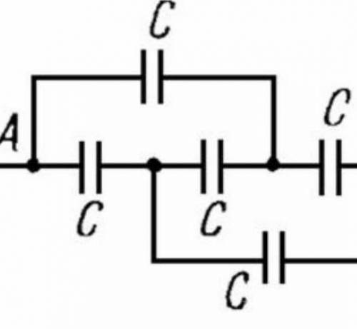Если емкость всех конденсаторовC = 200 ф, какова общая емкостьмежду узлами А и В?​