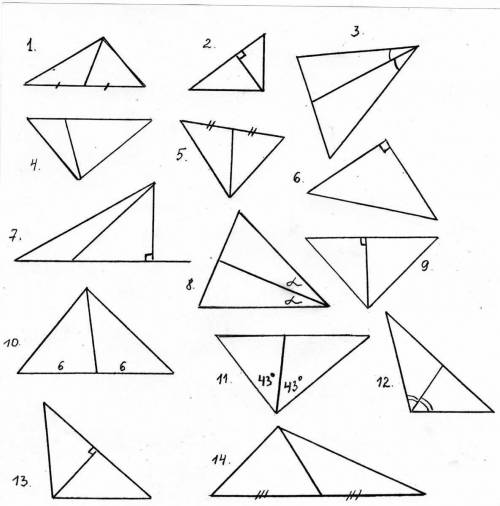Запишите номера треугольников, в которых проведены : а) высоты, б) биссектрисы, в) медианы.