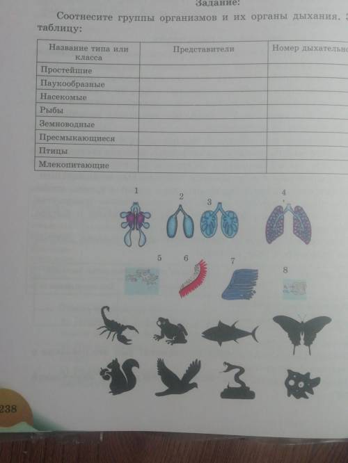 Соотнисите гуппы организмов и их органы дыхания. заполните таблицу . ​