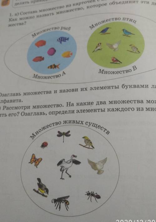 Озаглавь множества и назови их элементы буквами латинского б) Рассмотри множество. На какие два множ