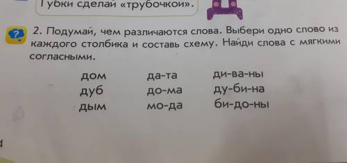 Подумай, чем разлечаются слова. Выери одно из каждого столбика и составь схему. Найди слова с мякими