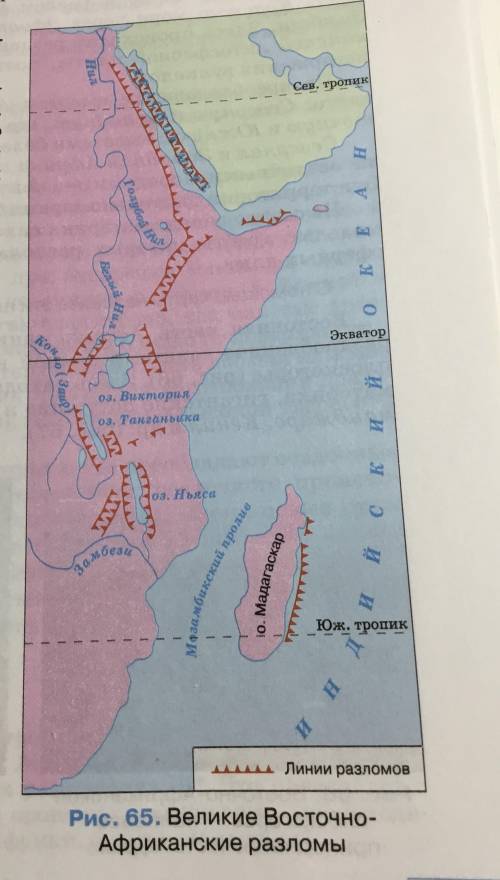 Особенность рельефа Африки – наличие разломов земной коры. Используя рис. 65 запишите вдоль каких фо