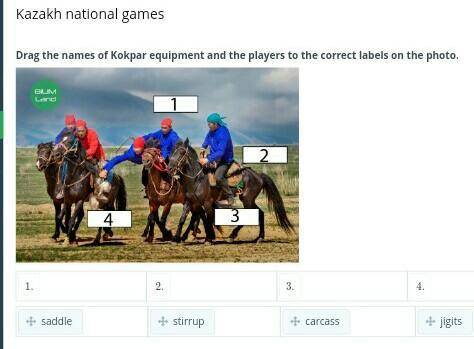 Drag the names of Kokpar equipment and the players to the correct labels on the photo.​