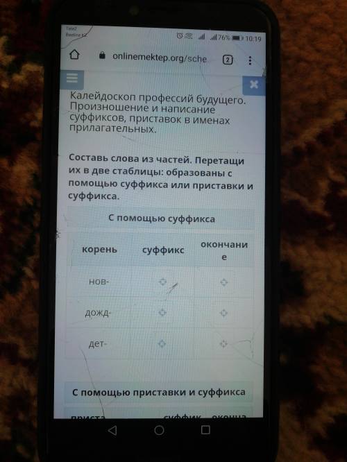 Составь слова из частей. Перетащи их в две стаблицы:образованы с суффикса или приставки и суффикса.