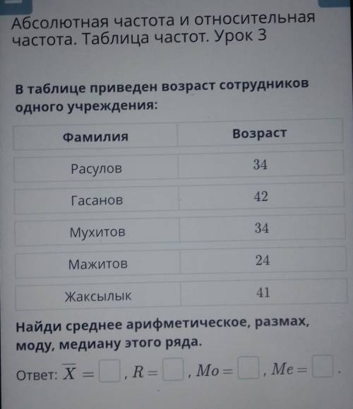 В таблице приведен возраст сотрудников одного учреждения:Фамилия:. Возраст:.Расулов 34Гасанов 42Мух