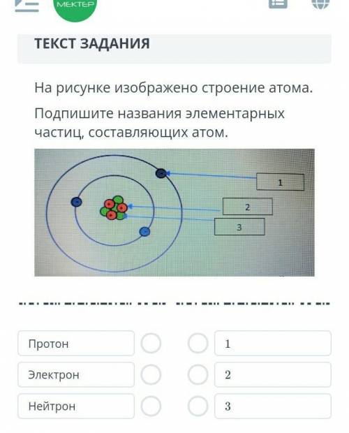 На рисунке изображено строение атома . Подпишите название элементарных частиц составляющих атом. Про