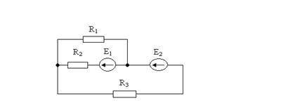 R1 = R2 = R3 = 10 Ом, E1 = 30 В; E2 = 60 В. Определить токи в цепи по методу 1и 2 законов Кирхгофа.