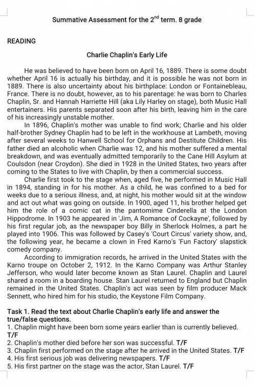 Task 1. Read the text about Charlie Chaplin's early life and answer the true/false questions. 1. Cha