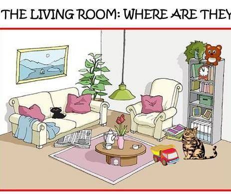IN THE LIVING ROOM: WHERE ARE THEY? in, on, under, beside, between, behind, in front of, abovePut th