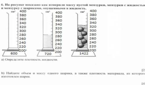 На рисунке показано как измерили массу пустой мензурки, мензурки с жидкостью и мензурку с шариками,о