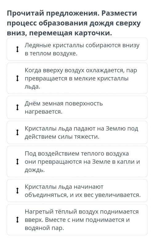 Прочитай предложение. Размести процесс образования дождя сверху вниз, перемещая карточки