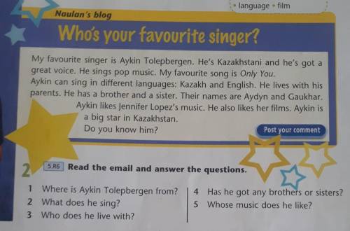 5.R6 Read the email and answer the questions. 4Has he got any brothers or sisters?Whose music does h