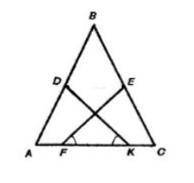 В треугольнике ABC AB = BC, AF = KC угольDKA = угольEFC. Докажите, что BD = BE.​