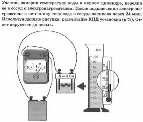 Ученик, измерив температуру воды в мерном цилиндре, перелил ее в сосуд с электронагревателем. После