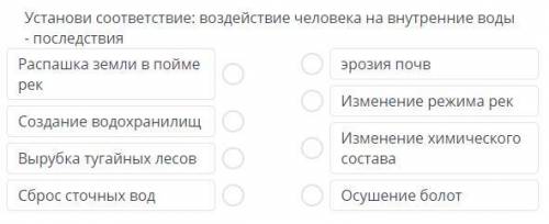 Установите соответствие: воздействие человека на внутренние воды последствия