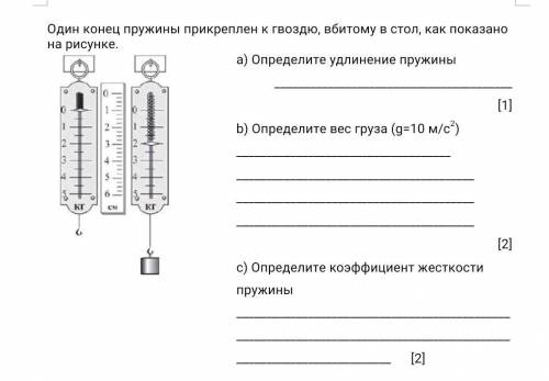 Один конец пружины прикреплен к гвоздю, вбитому в стол, как показано на рисунке. а) Определите удлин