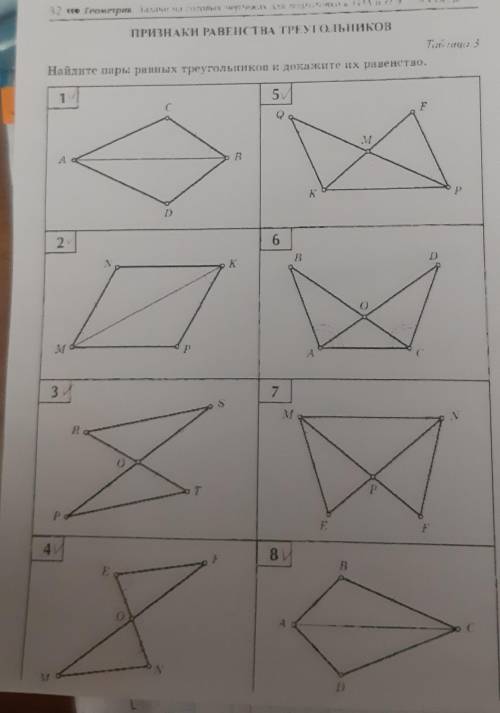 Геометрия. 7 класс.Найдите пары равных треугольников и докажите их равенство​