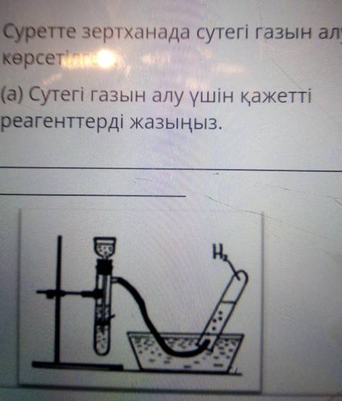 Суретте зертханада сутегі газын алу көрсетілген.(а) Сутегі газын алу үшін қажеттіреагенттерді жазыңы