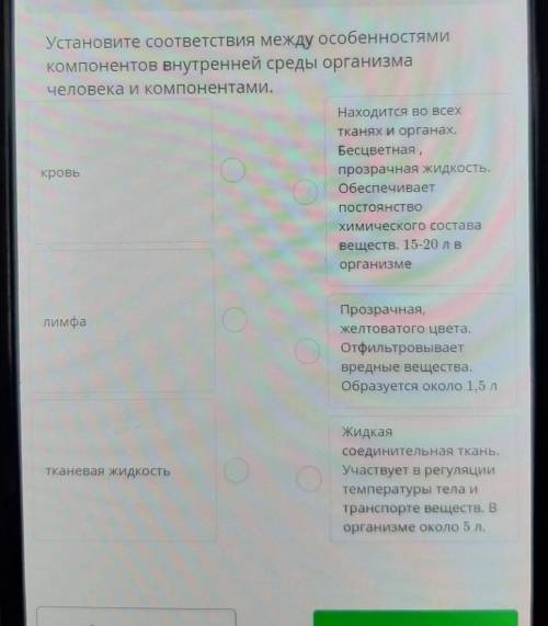 Установите соответствия между особенностями компонентов внутренней среды организмачеловека и компоне