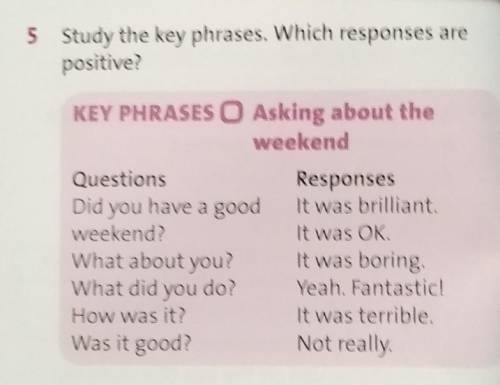 5 Study the key phrases. Which responses are positive?KEY PHRASES O Asking about theweekendQuestions