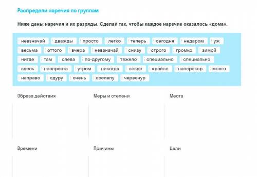 Ниже даны наречия и их разряды. Сделай так, чтобы каждое наречие оказалось дома
